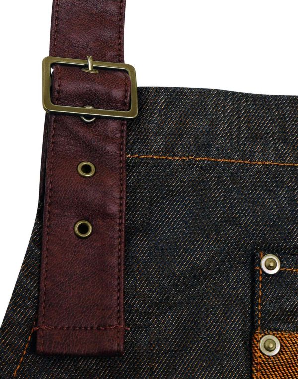 'DIVISION' WAXED LOOK DENIM BIB APRON WITH FAUX LEATHER