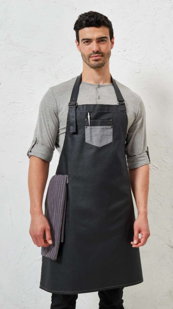 'DIVISION' WAXED LOOK DENIM BIB APRON WITH FAUX LEATHER