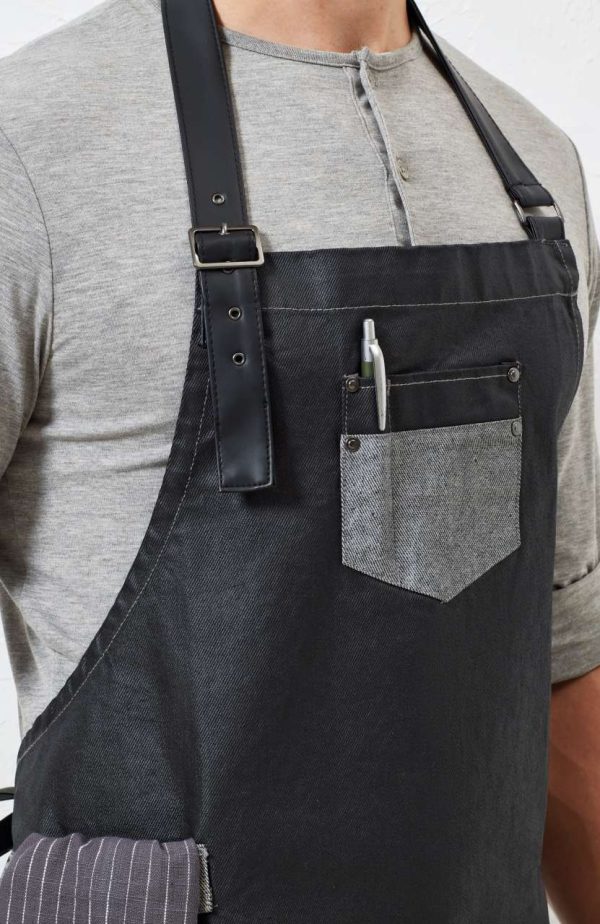 'DIVISION' WAXED LOOK DENIM BIB APRON WITH FAUX LEATHER